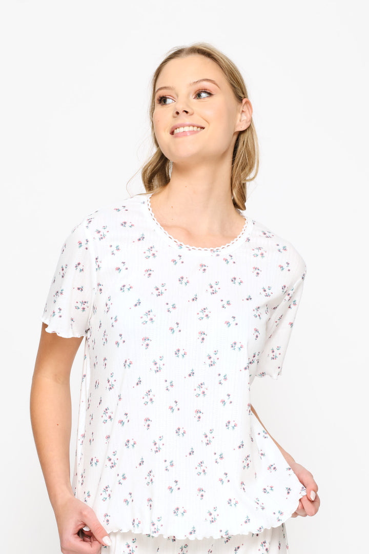 Brushed Pointelle Ditsy Sleep Tee - White