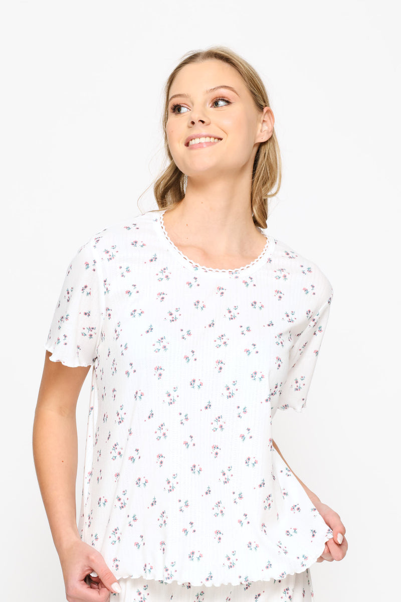 Brushed Pointelle Ditsy Sleep Tee - White