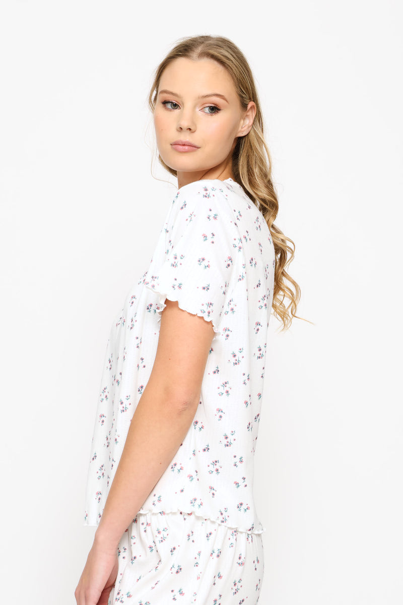 Brushed Pointelle Ditsy Sleep Tee - White