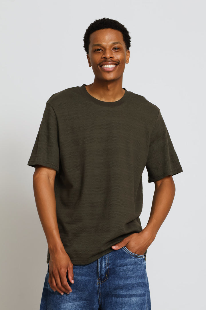 Stripe Waffle Crew Tee - Khaki