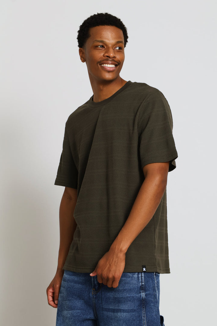 Stripe Waffle Crew Tee - Khaki