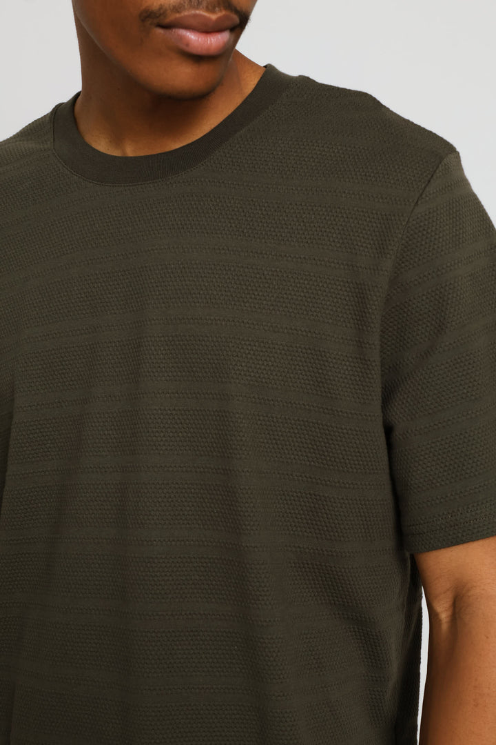 Stripe Waffle Crew Tee - Khaki