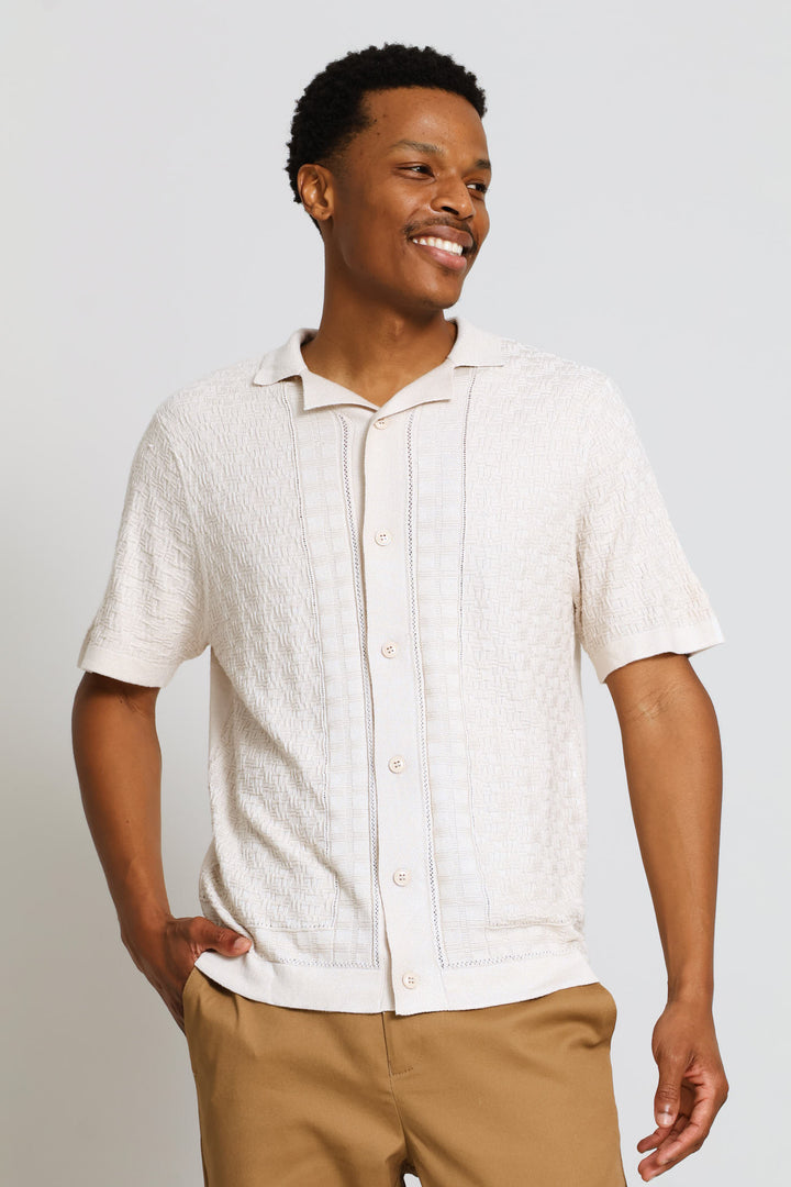 Geometric Textured Button Through Top - Chalk