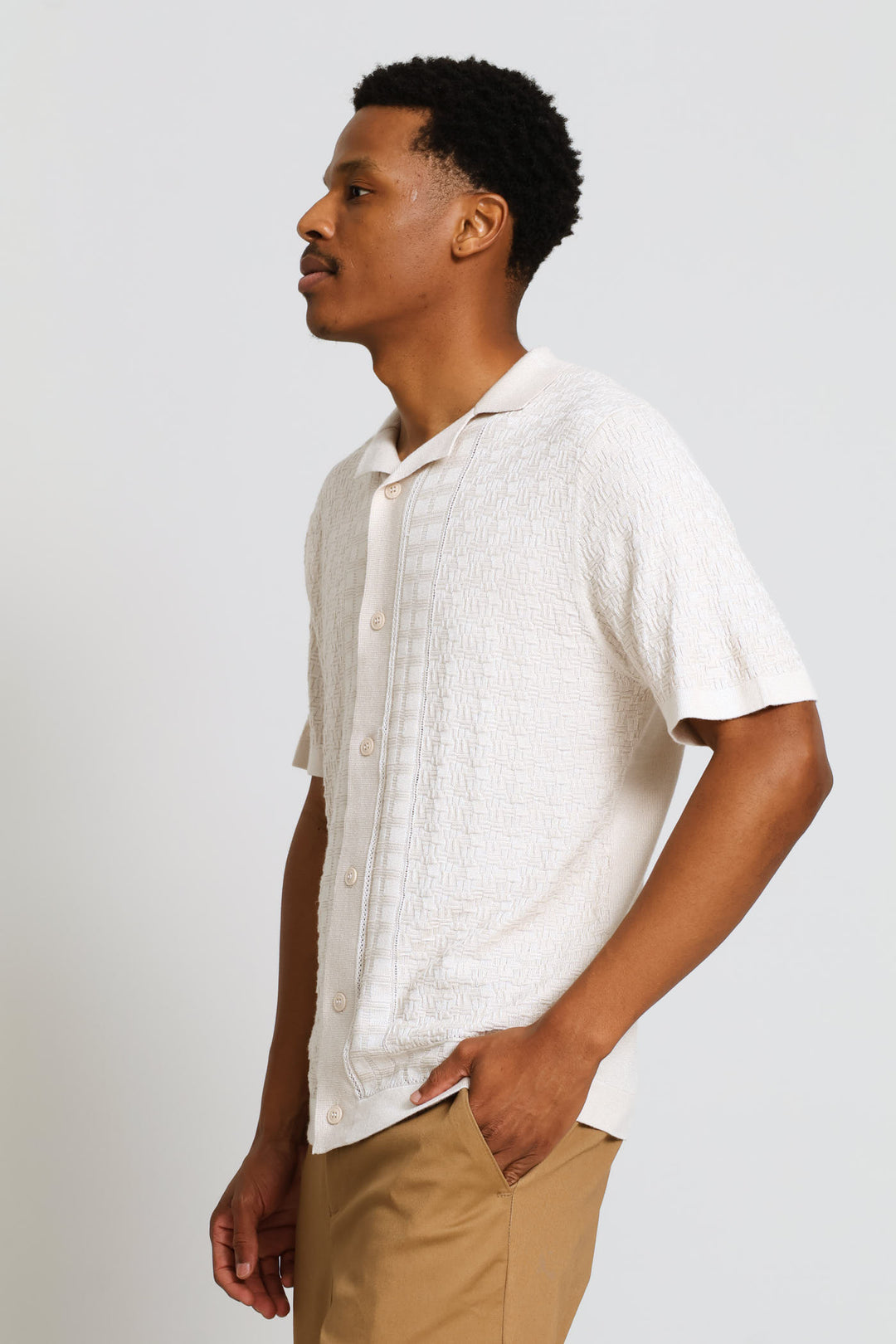 Geometric Textured Button Through Top - Chalk