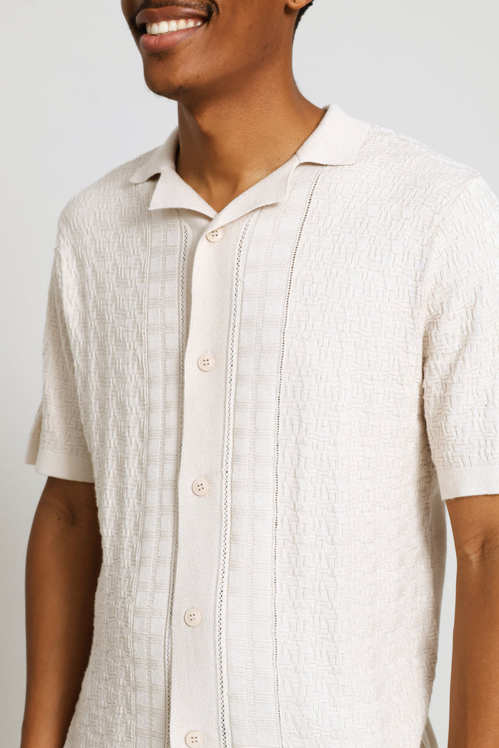 Geometric Textured Button Through Top - Chalk