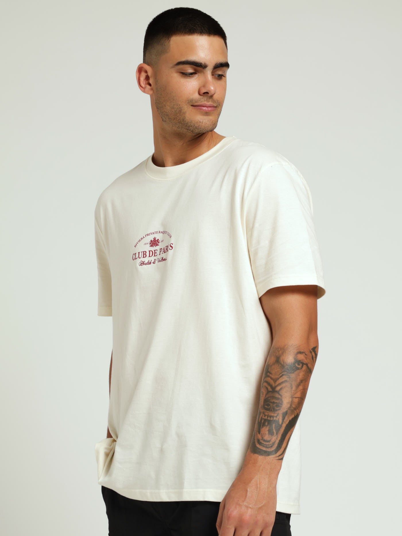 Mens Club De Paris Front & Back Embroided & Print Tee - Off