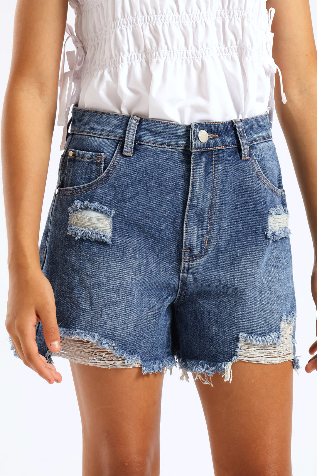 Girls Denim Cheeky Shorts - Mid Wash