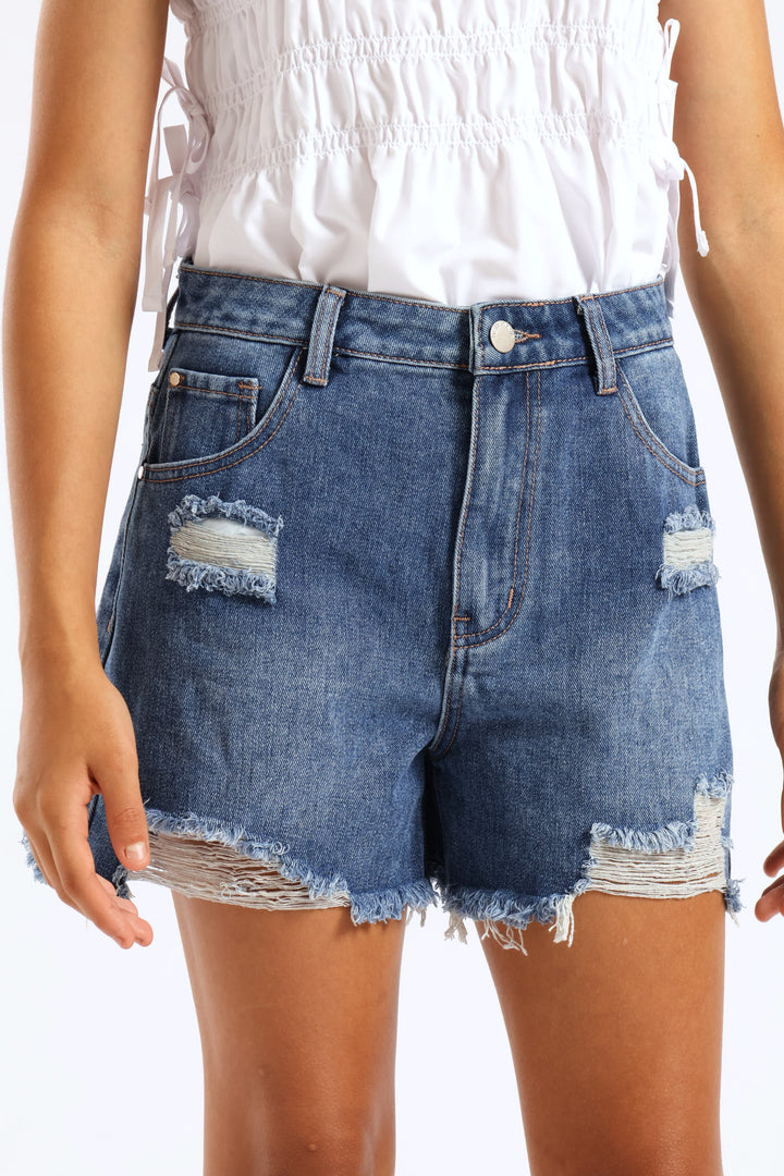 Girls Denim Cheeky Shorts - Mid Wash