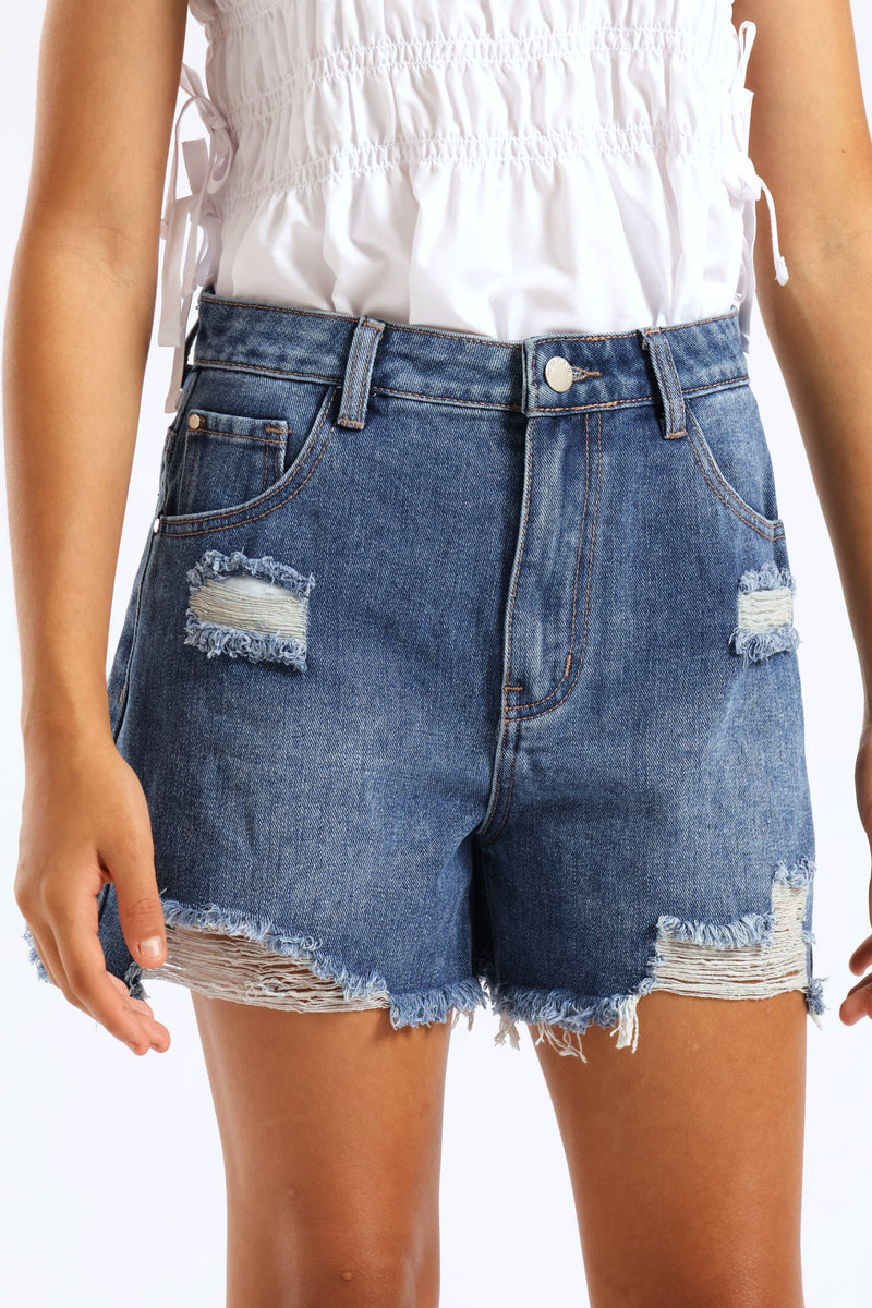 Girls Denim Cheeky Shorts - Mid Wash