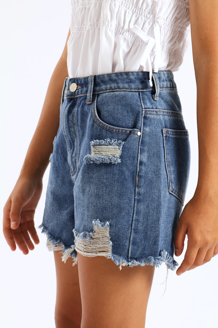 Girls Denim Cheeky Shorts - Mid Wash