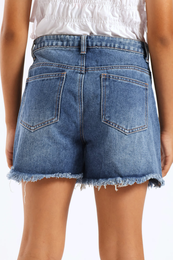 Girls Denim Cheeky Shorts - Mid Wash
