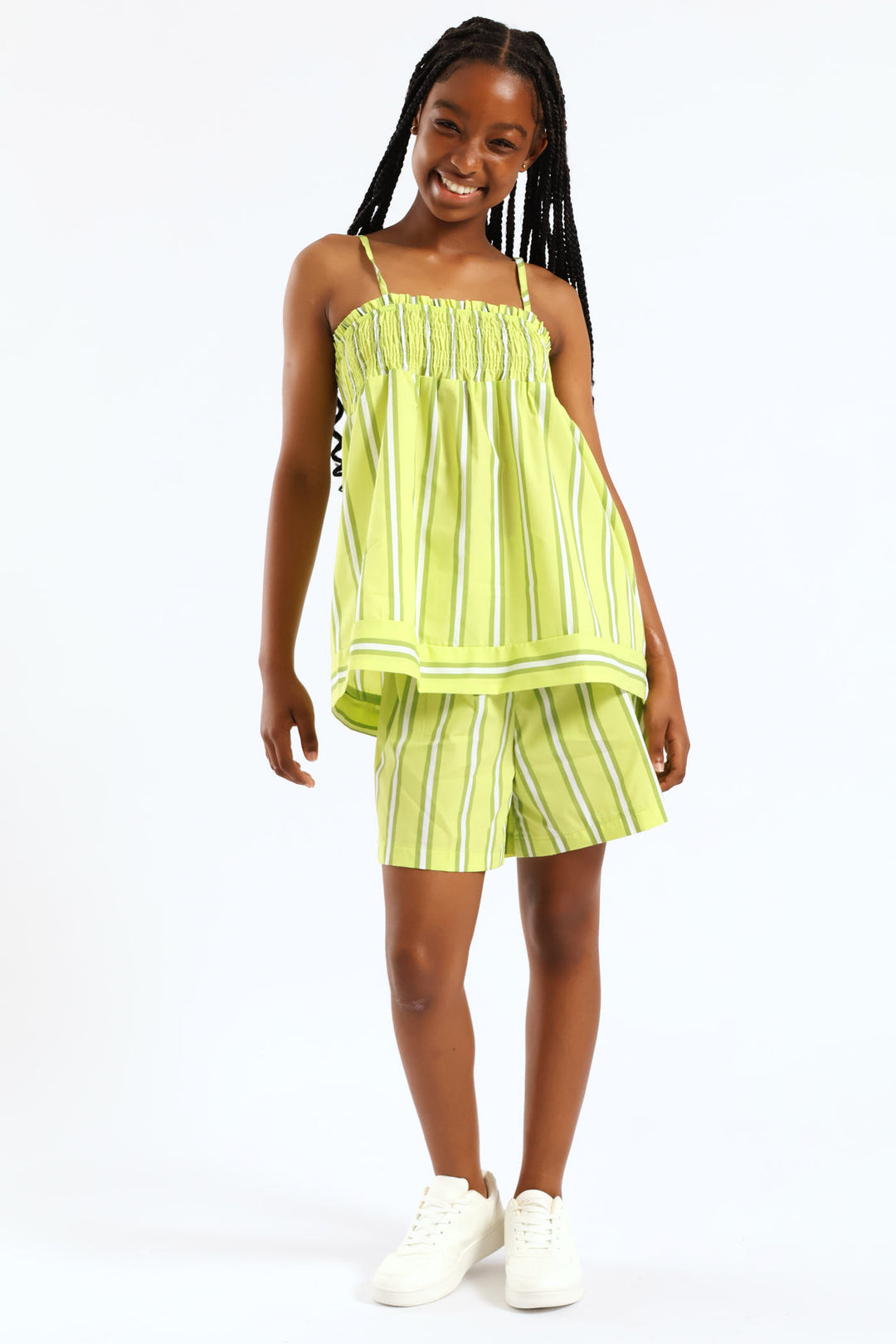 Girls Stripe Shirred Detail A-Line Top - Lime Green