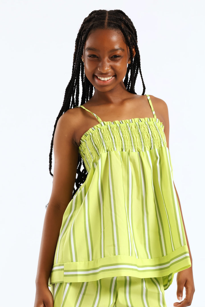 Girls Stripe Shirred Detail A-Line Top - Lime Green