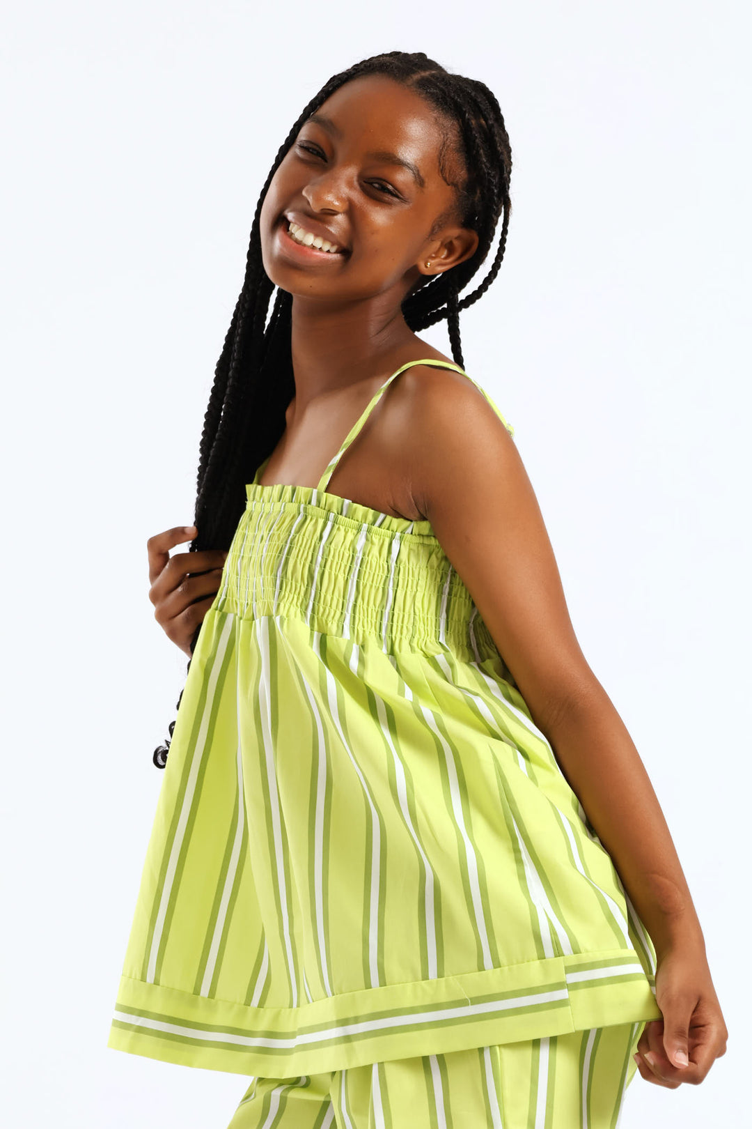 Girls Stripe Shirred Detail A-Line Top - Lime Green