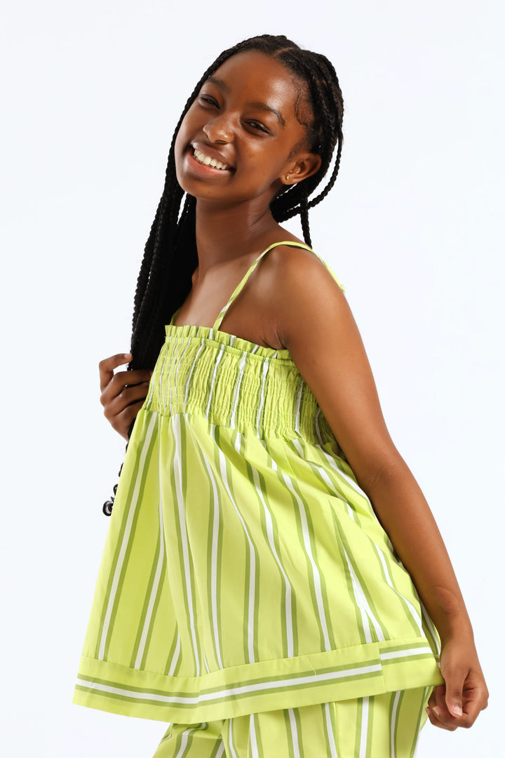 Girls Stripe Shirred Detail A-Line Top - Lime Green