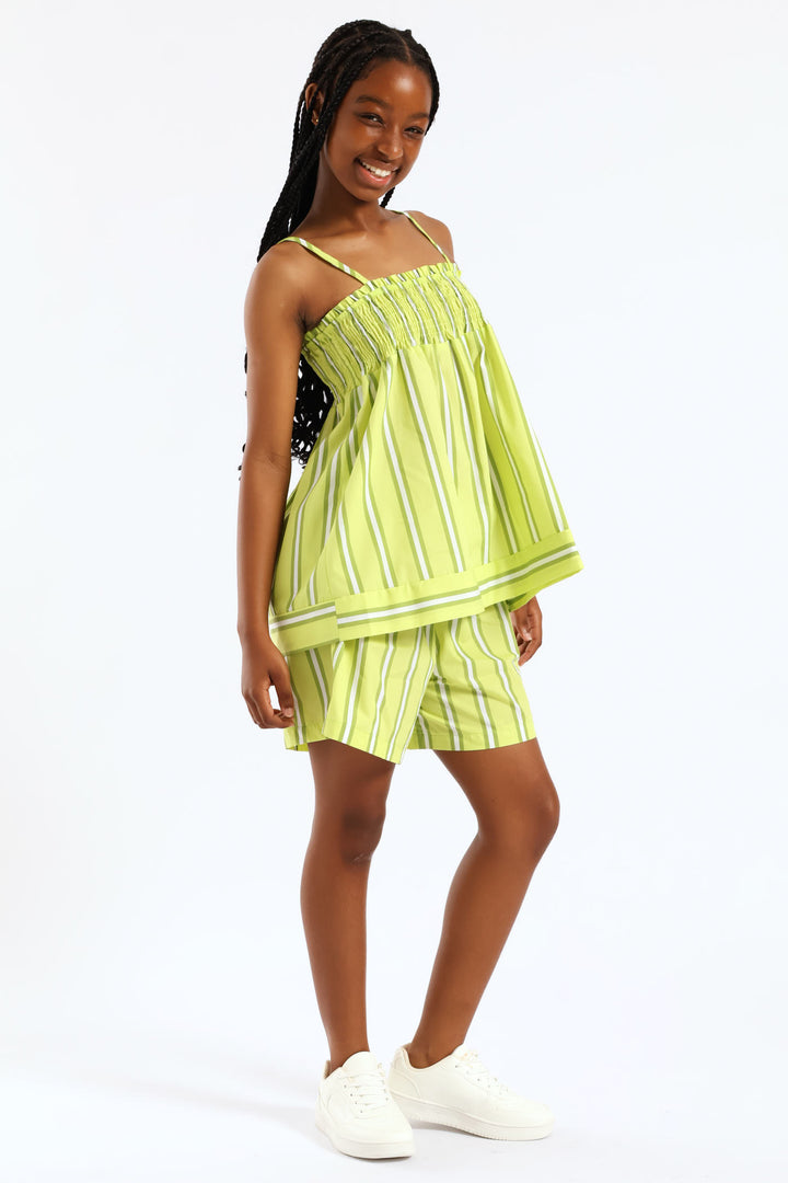 Girls Elasticated Waist Stripe Pull On Short - Lime Green