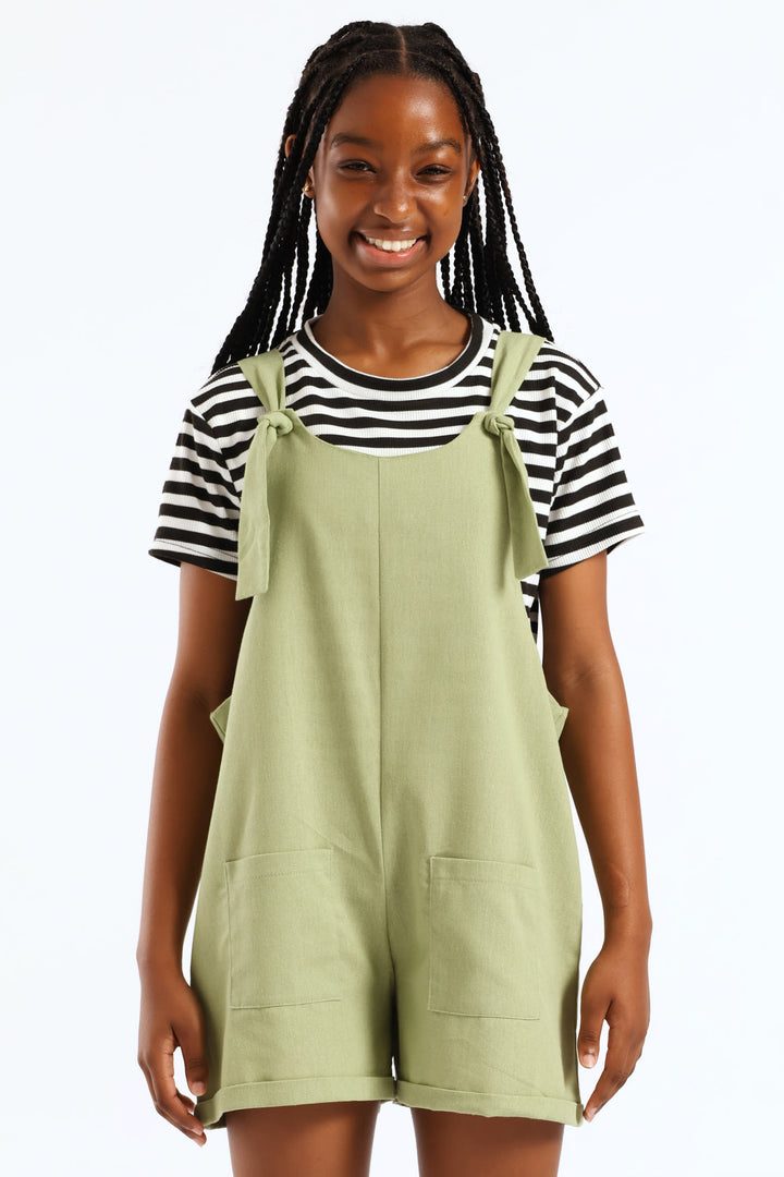 Girls Linen Dungaree - Fatigue
