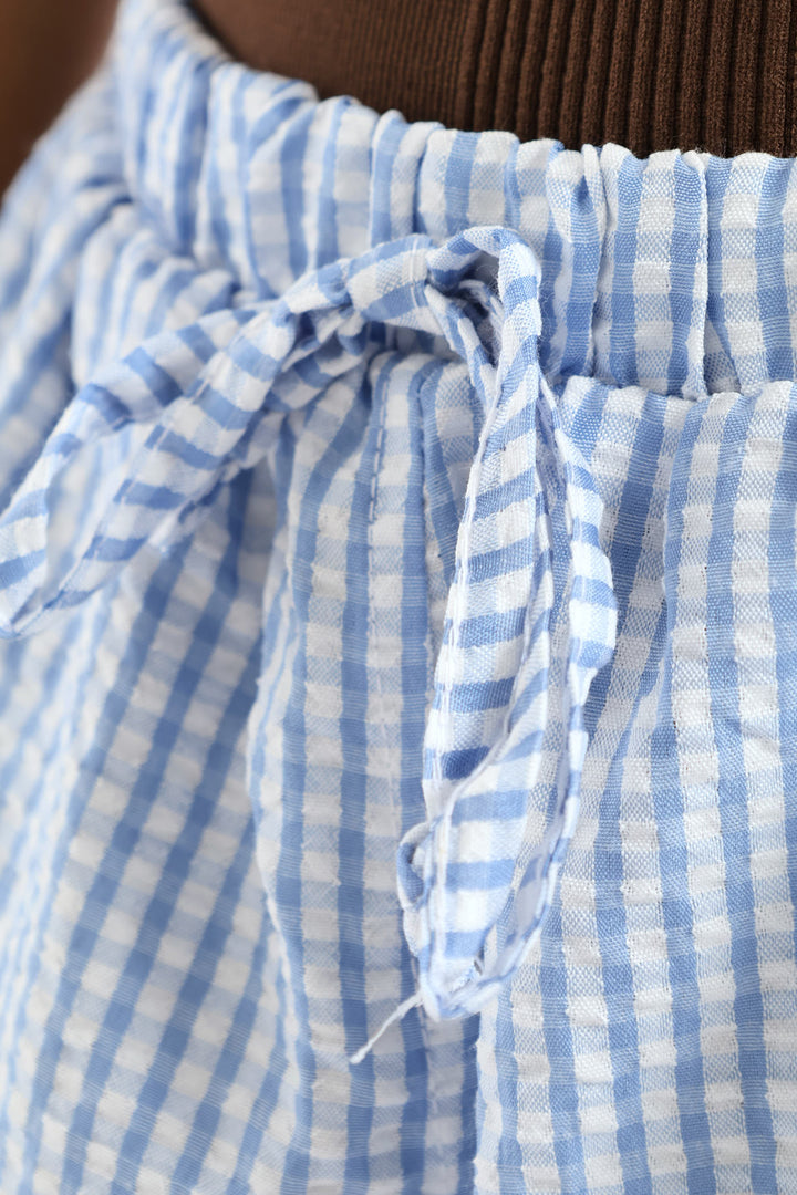 Girls Seersucker Ric Rac Trim Check Shorts - Light Blue