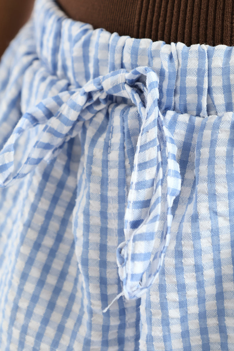 Girls Seersucker Ric Rac Trim Check Shorts - Light Blue