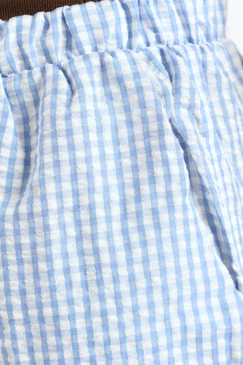 Girls Seersucker Ric Rac Trim Check Shorts - Light Blue