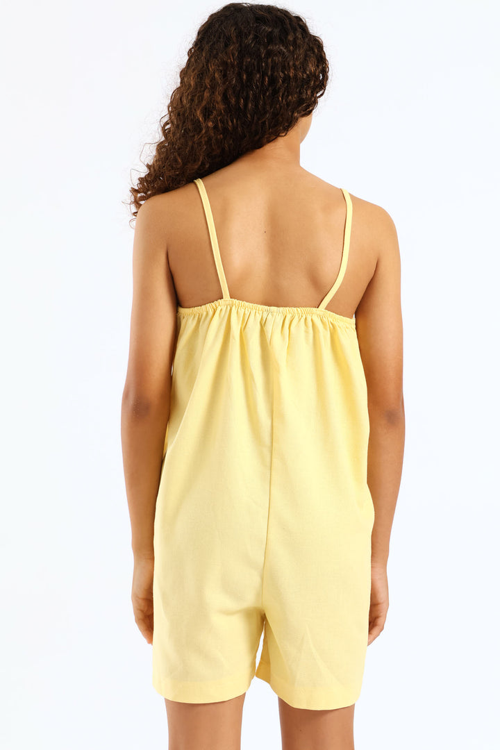 Girls V-Neck Loose Fit Dungaree - Pastel Yellow