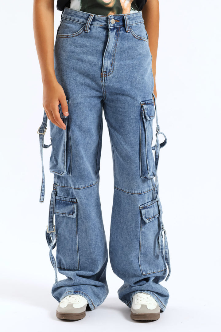 Girls Cargo Multi Denim - Mid Blue