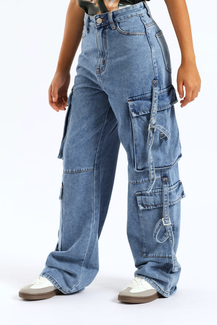 Girls Cargo Multi Denim - Mid Blue