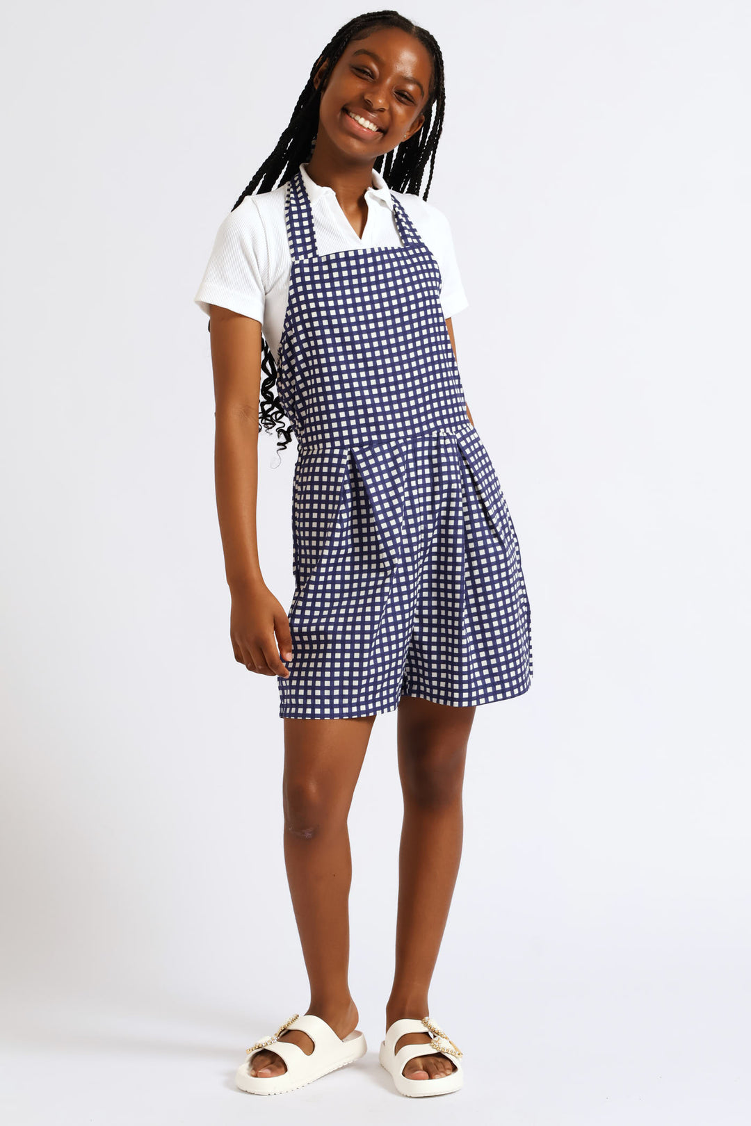 Girls Halter Pleat Front Detail Dungaree - Multi