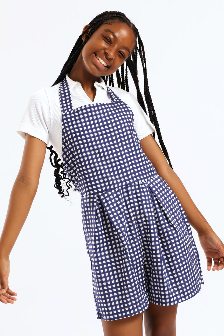 Girls Halter Pleat Front Detail Dungaree - Multi