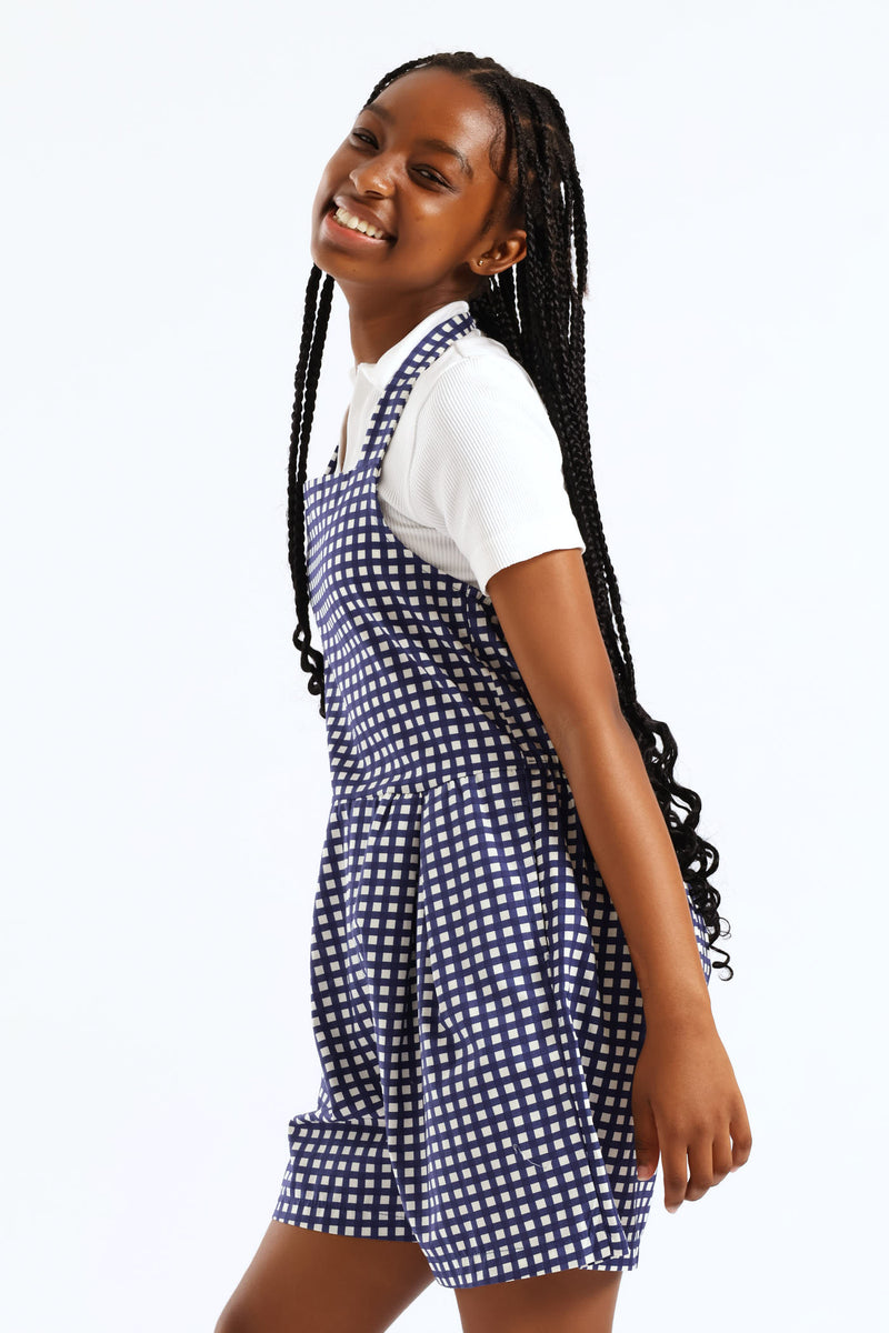 Girls Halter Pleat Front Detail Dungaree - Multi