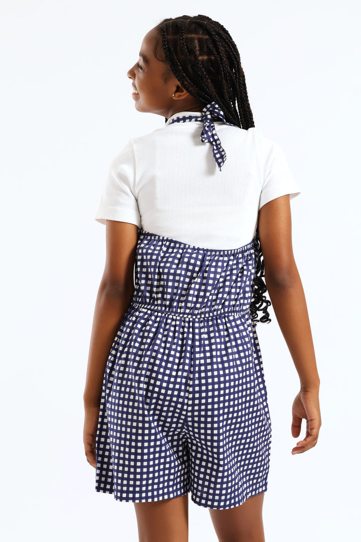 Girls Halter Pleat Front Detail Dungaree - Multi