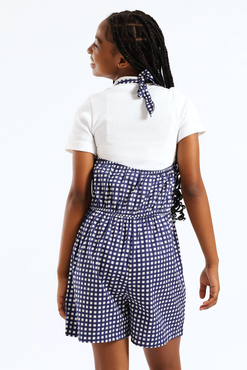 Girls Halter Pleat Front Detail Dungaree - Multi