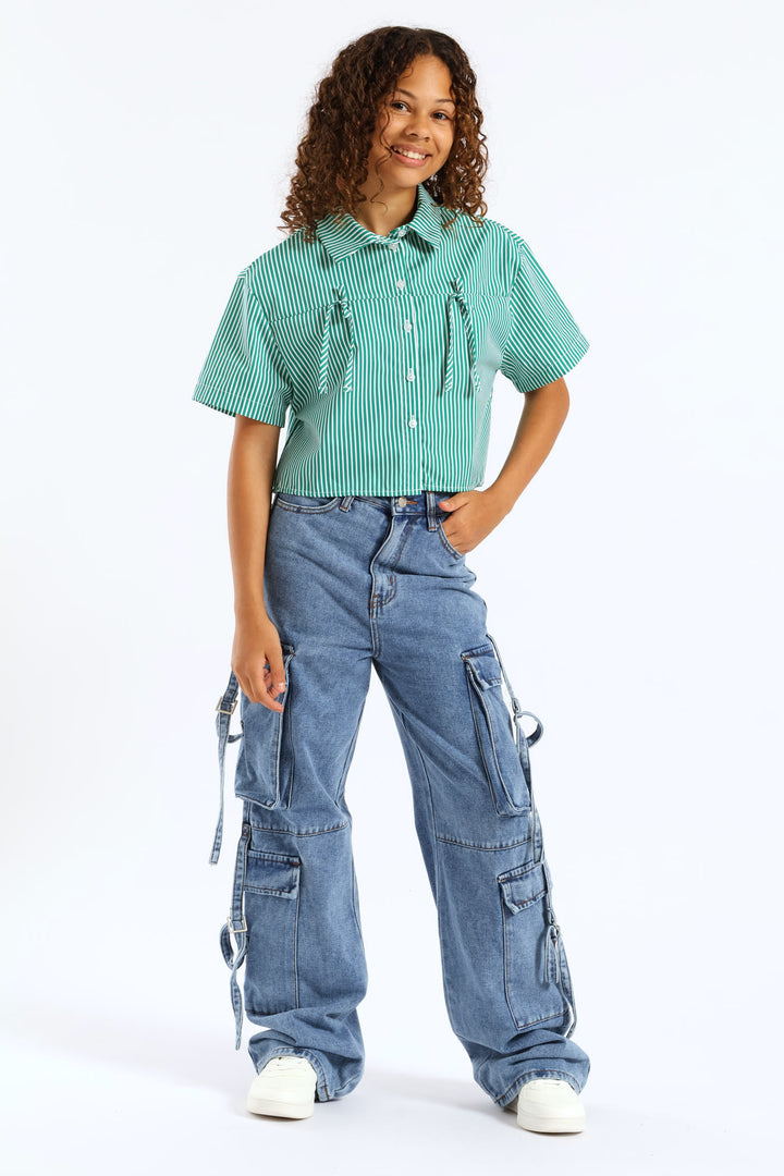 Girls Stripe Poplin Bow Detail Shirt - Green