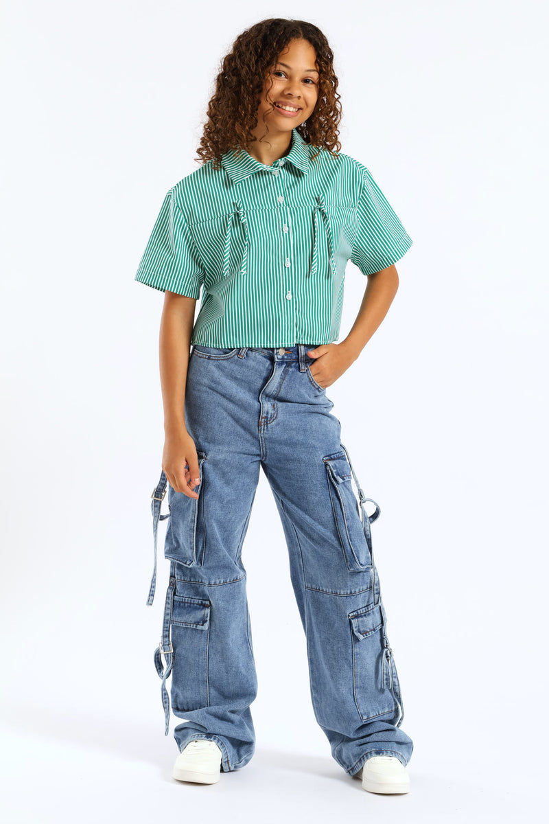 Girls Stripe Poplin Bow Detail Shirt - Green