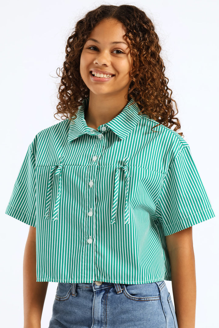 Girls Stripe Poplin Bow Detail Shirt - Green
