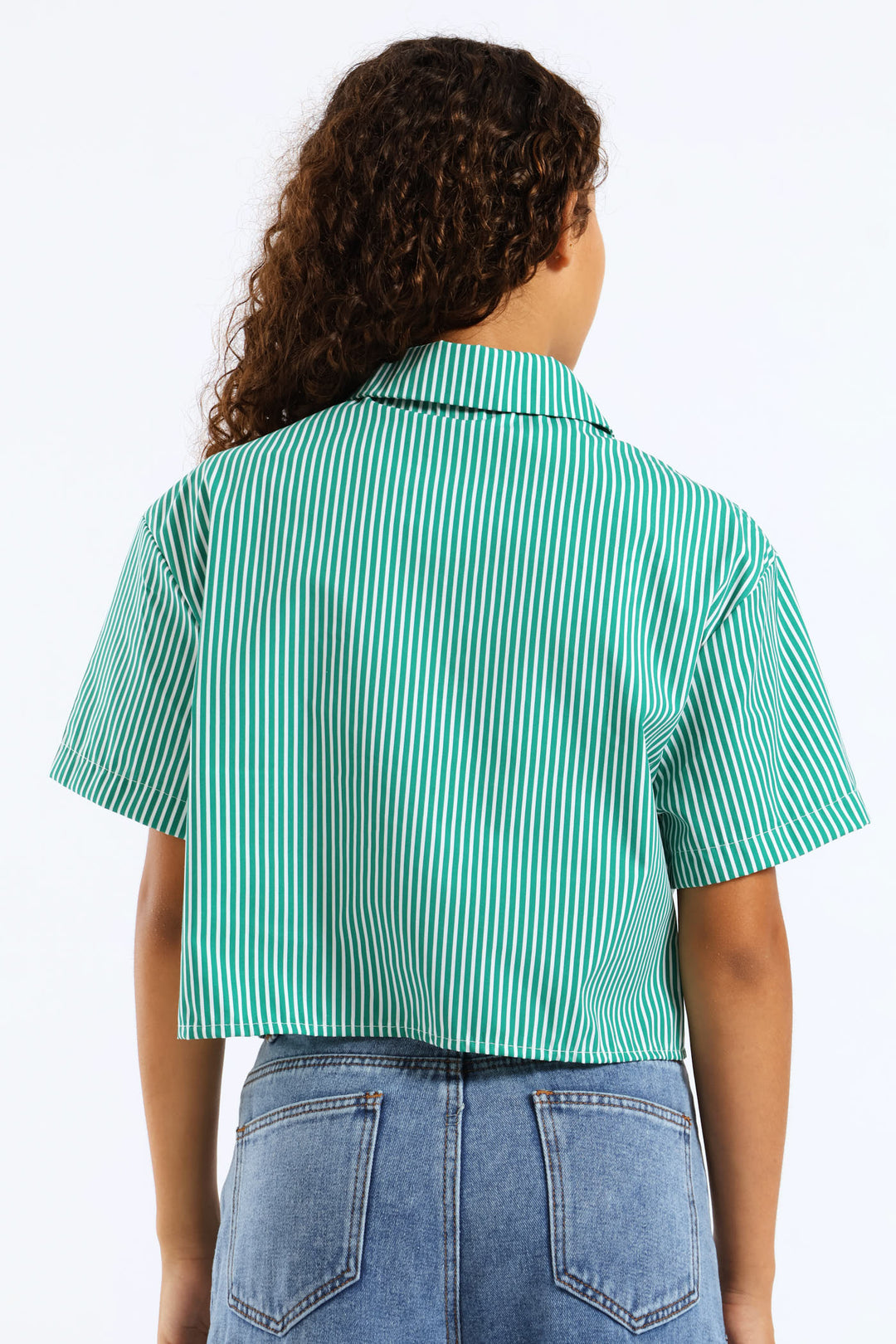 Girls Stripe Poplin Bow Detail Shirt - Green