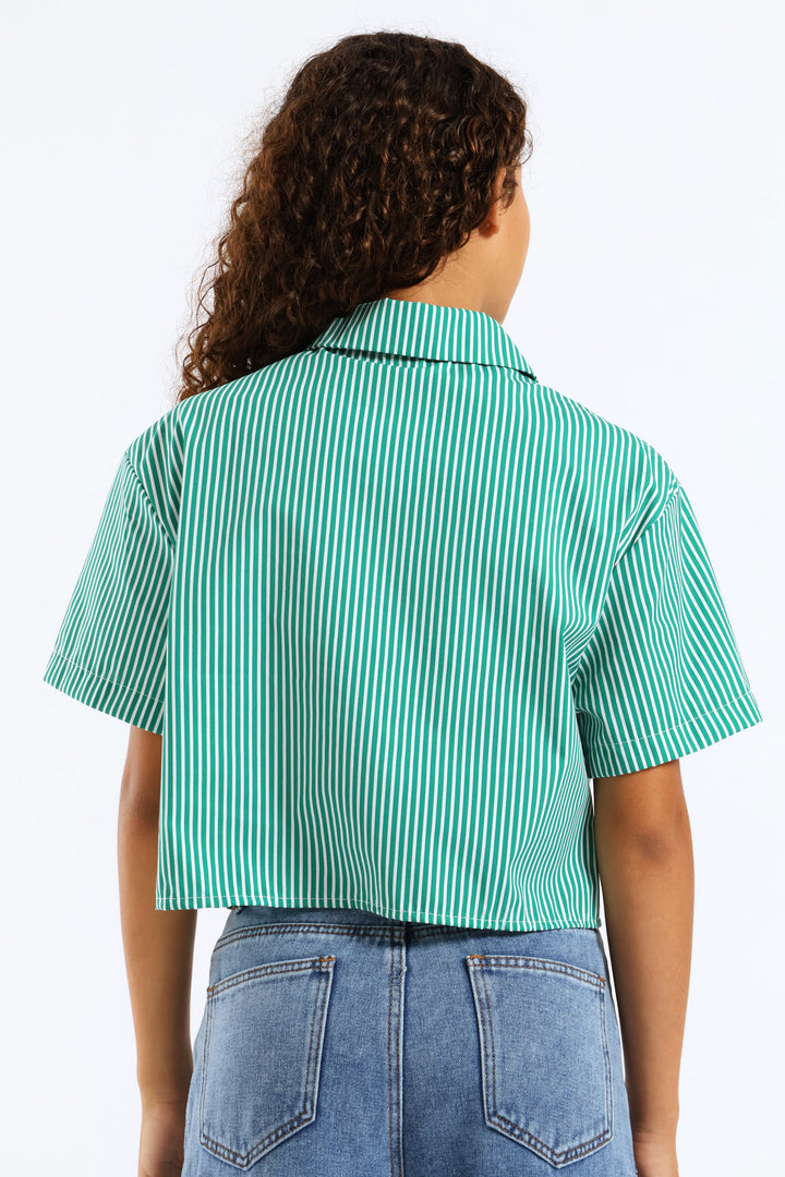 Girls Stripe Poplin Bow Detail Shirt - Green