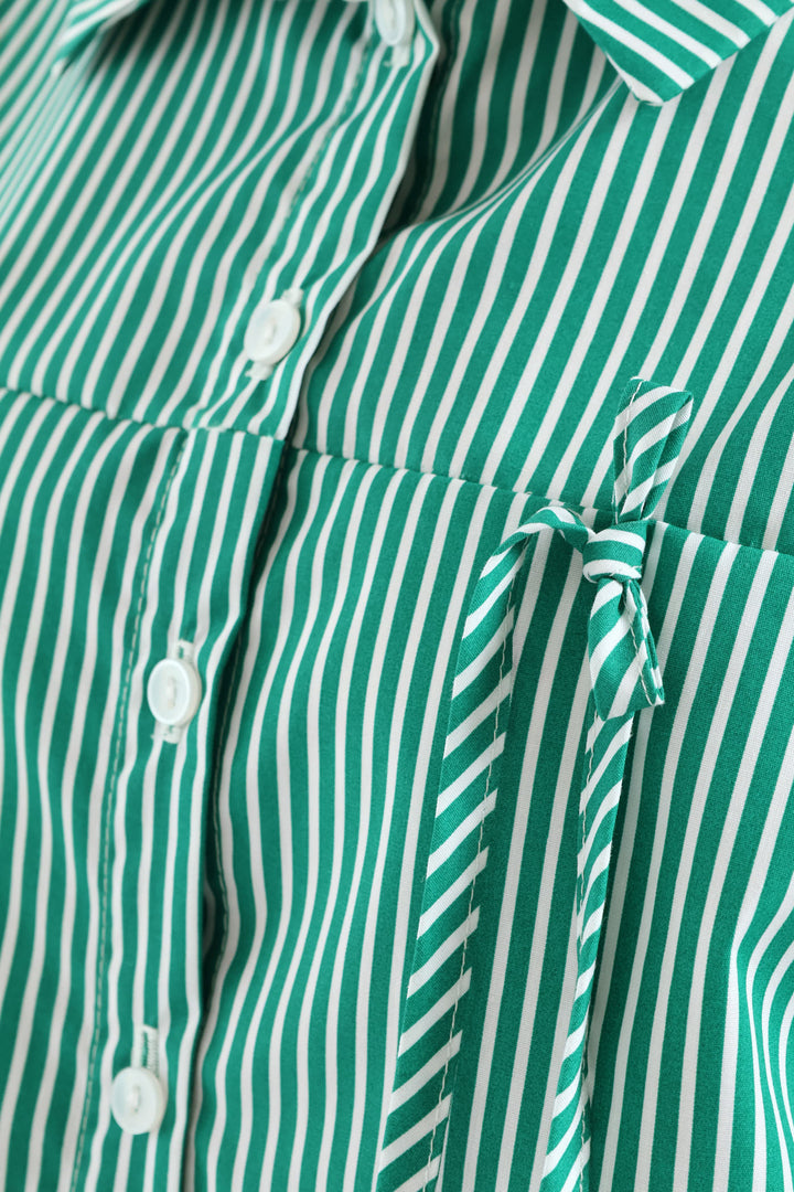 Girls Stripe Poplin Bow Detail Shirt - Green