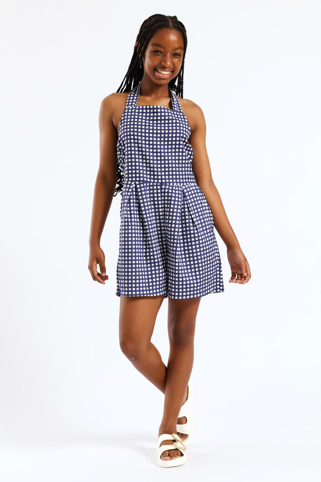 Girls Halter Pleat Front Detail Dungaree - Multi