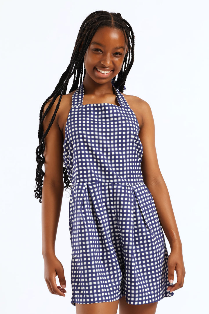 Girls Halter Pleat Front Detail Dungaree - Multi