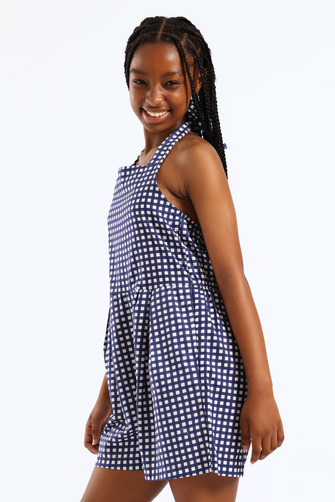 Girls Halter Pleat Front Detail Dungaree - Multi