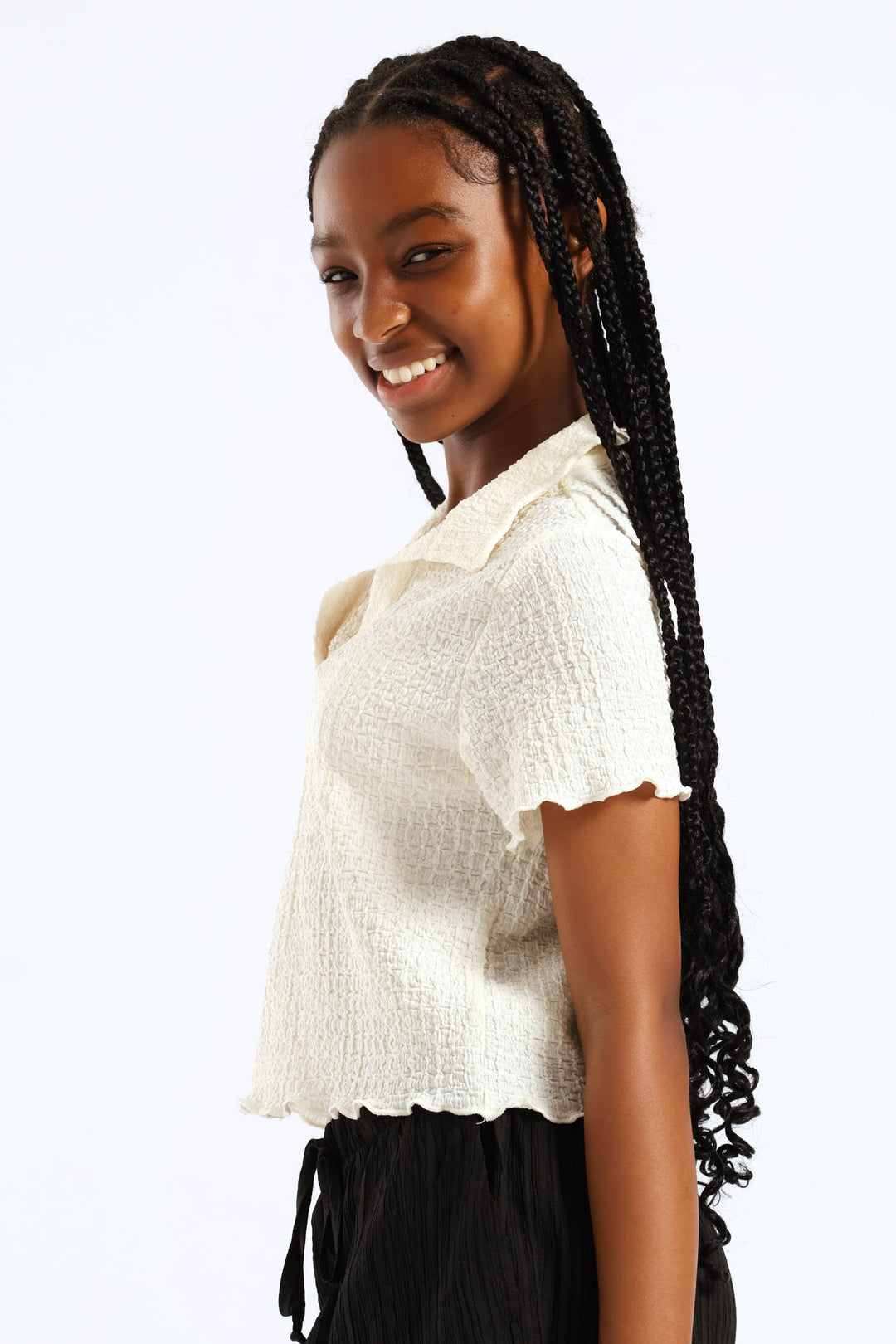 Girls Textured Knit Collared Tee - Cream