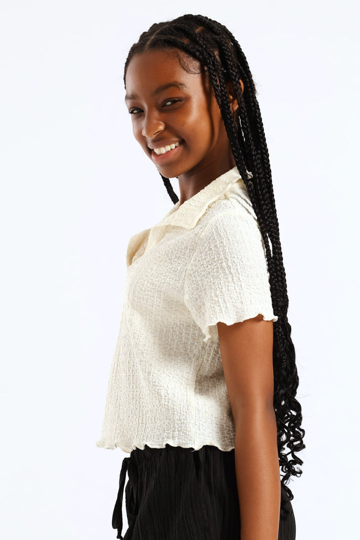 Girls Textured Knit Collared Tee - Cream