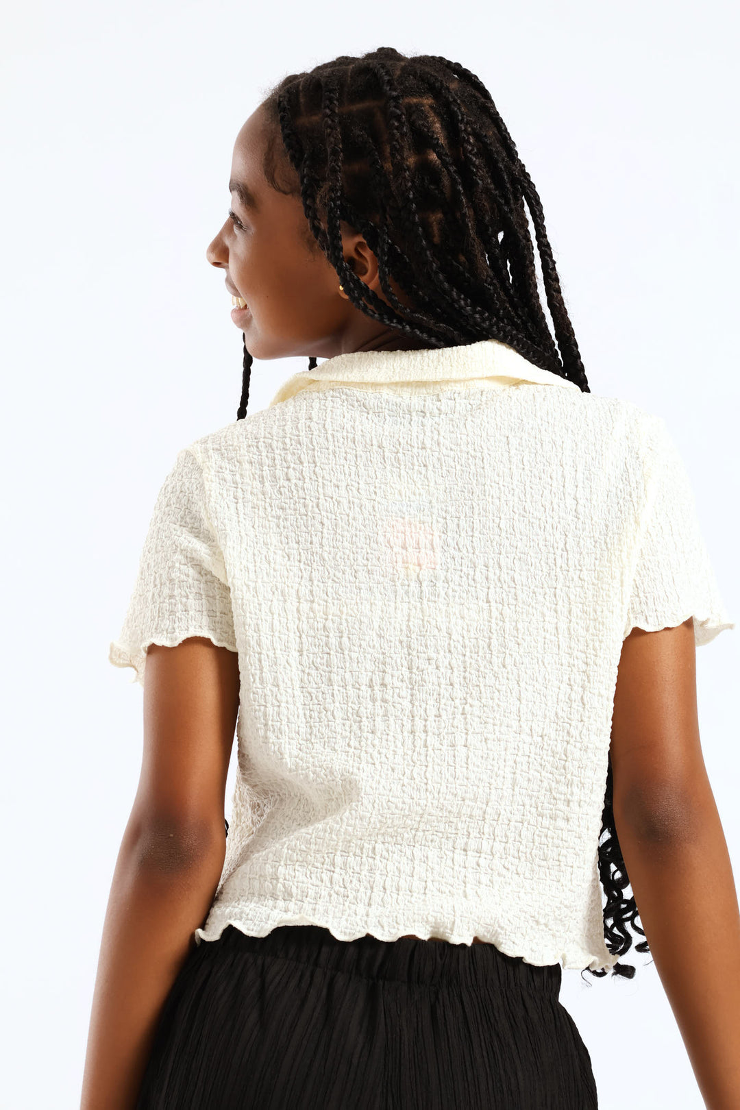 Girls Textured Knit Collared Tee - Cream