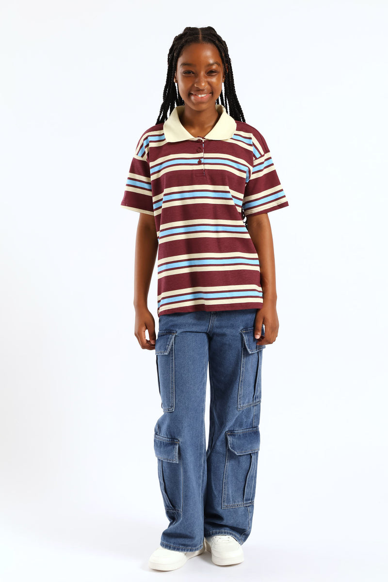 Girls Striped Loose Fit Golfer - Maroon