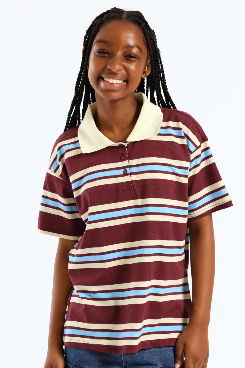 Girls Striped Loose Fit Golfer - Maroon