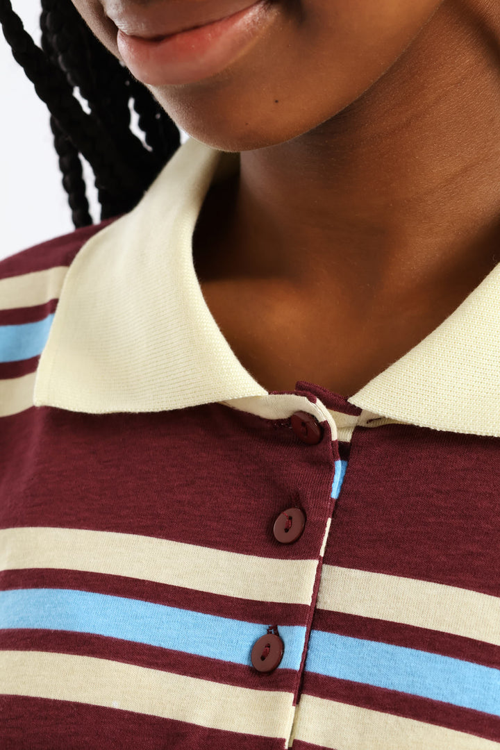 Girls Striped Loose Fit Golfer - Maroon