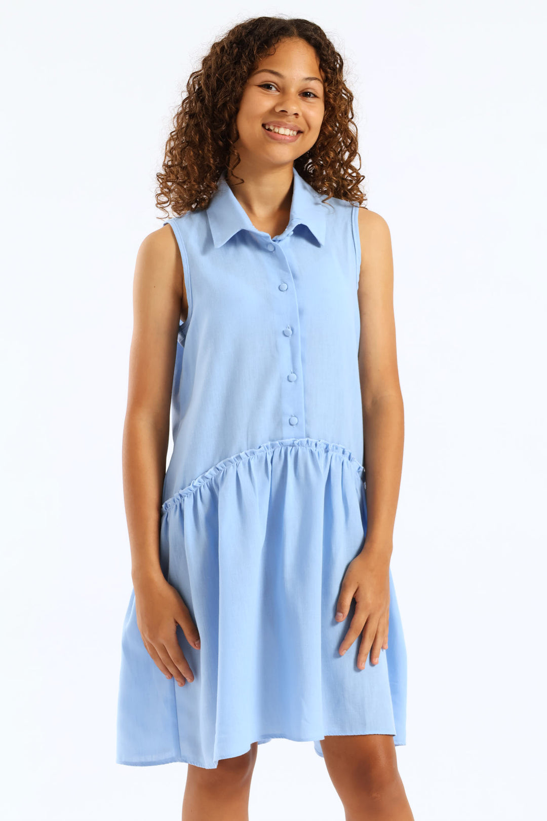 Girls Linen Buttons Dress - Blue