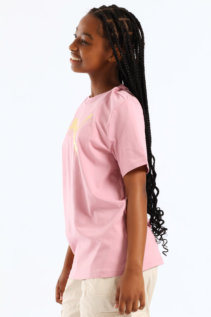 Girls Essential Metallic Cat Tee - Pink