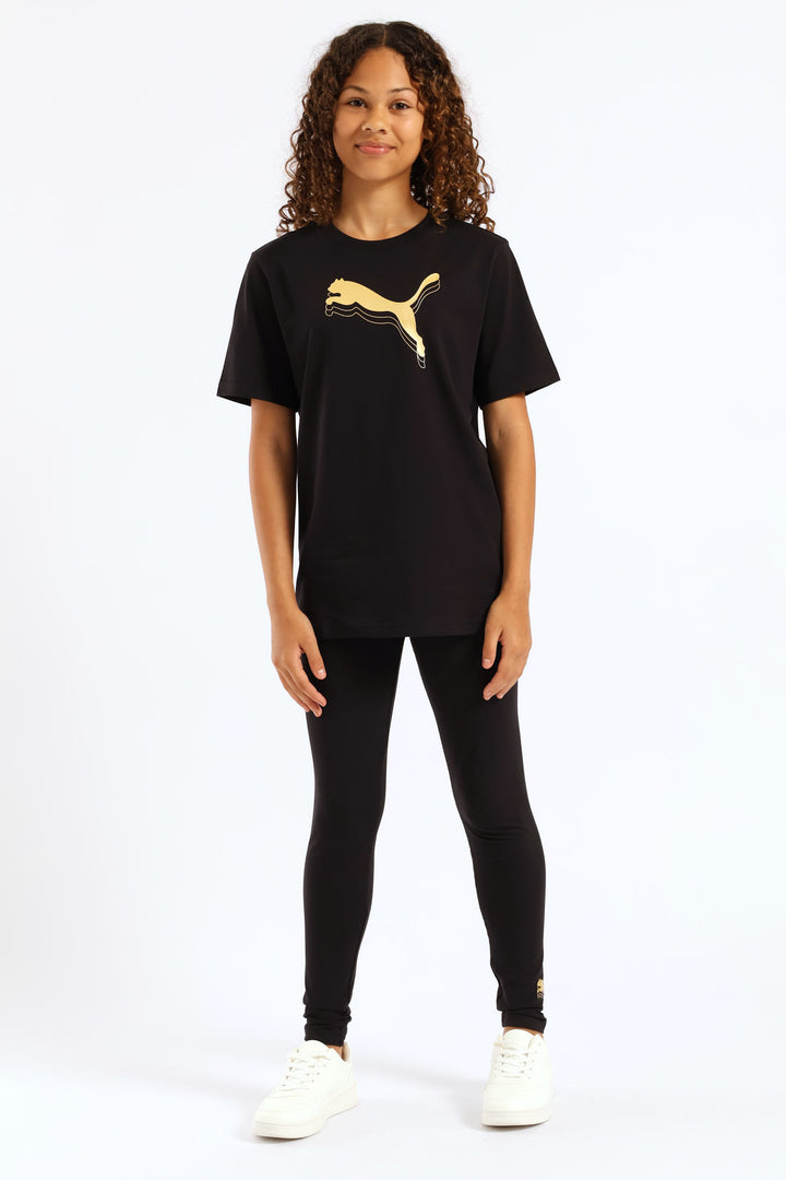 Girls Essential Metallic Cat Tee - Black